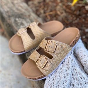 Beige Woven Double Strap Sandals